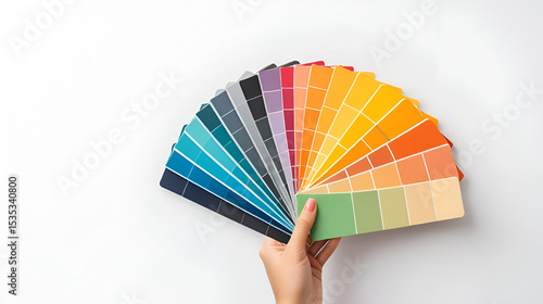 Female hand holding color samples on white background