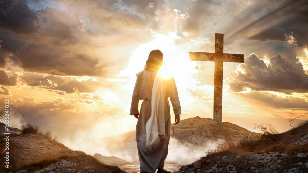 Jesus Christ dressed in a white robe walking towards a cross with sunrays effect