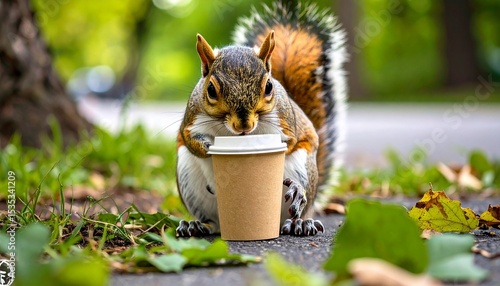 Squirrel holding a coffee cup on a park path in autumn