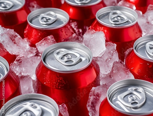 reusable red soda cans in ice. eco-friendly summer drink concept with clean and vibrant texture