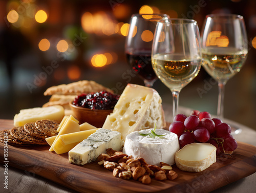 An inviting cheese board with a variety of cheeses, crackers, grapes and nuts alongside glasses of red and white wine