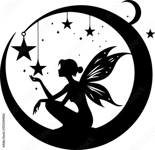 Fairy Moon Silhouette Vector, Magical Fairy Vector Art, Fairy Sitting on Crescent Moon, Starry Night Fairy Vector, Fantasy Moon Fairy Illustration, Celestial Fairy Silhouette Art, Enchanted Fairy Vect