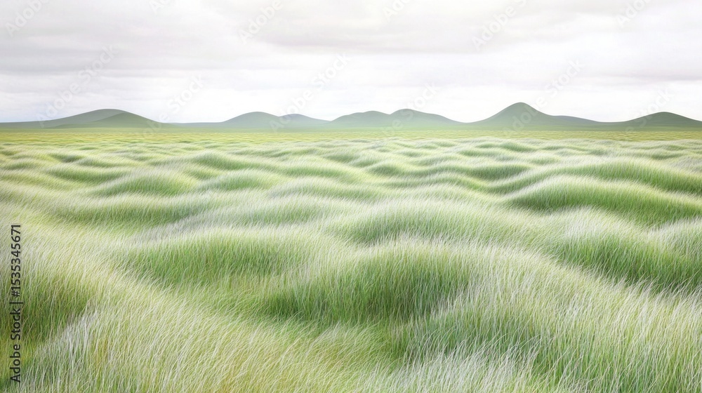 Obraz premium Serene landscape of gently swaying grass under a soft, cloudy sky.