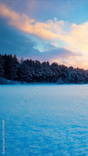 Winter sunset snowy field frozen forest