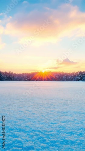 Winter sunset over snowy field and forest