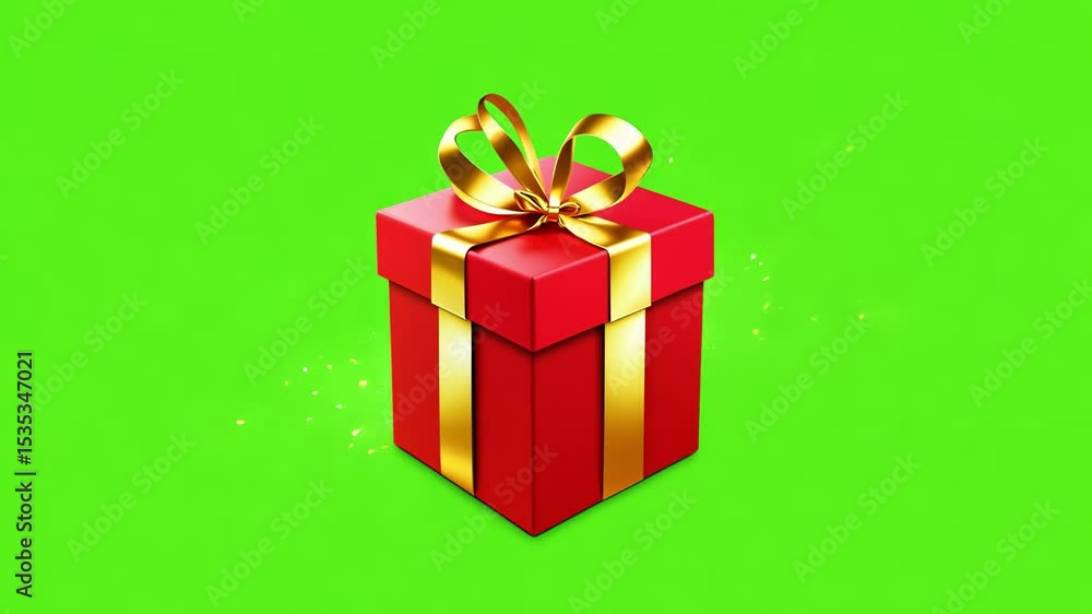 Red gift box with golden ribbon appearing on green screen background Red gift box with golden ribbon appearing on green screen background