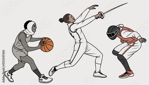 Multi-sport concept. Different kinds of professional athletes, activities mix composition. Group of sportsmen in action, movement. Fencing, gymnastics, basketball.
