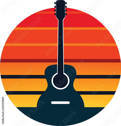 Guitar vector silhouette on colorful retro striped sunset