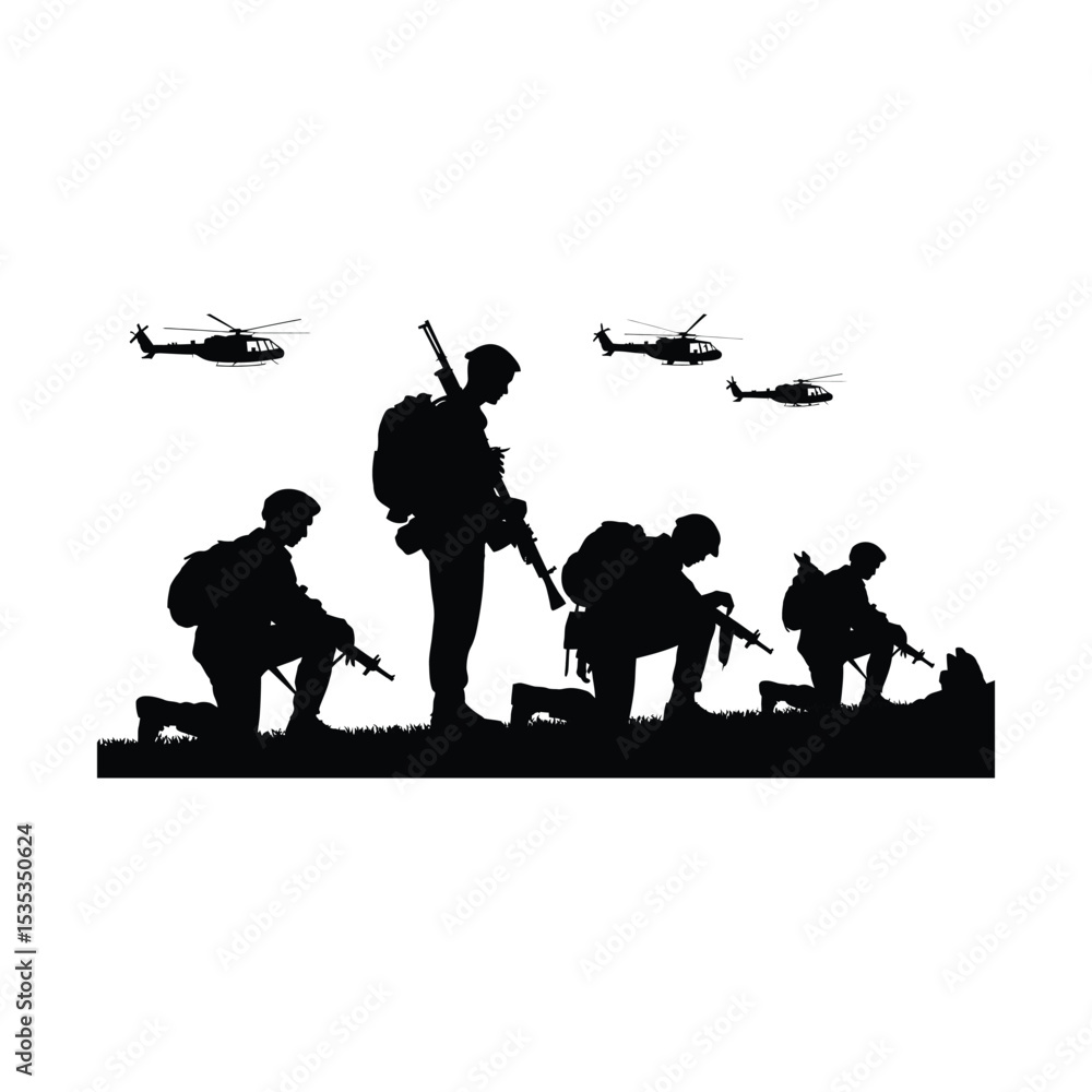 Obraz premium Silhouette illustration of soldiers with helicopters ready for military operation on a mission.