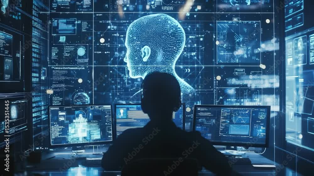 A person works at a high-tech control center with digital screens displaying data, code, and a large virtual human head interface. A person works at a high-tech control center with digital screens displaying data, code, and a large virtual human head interface.