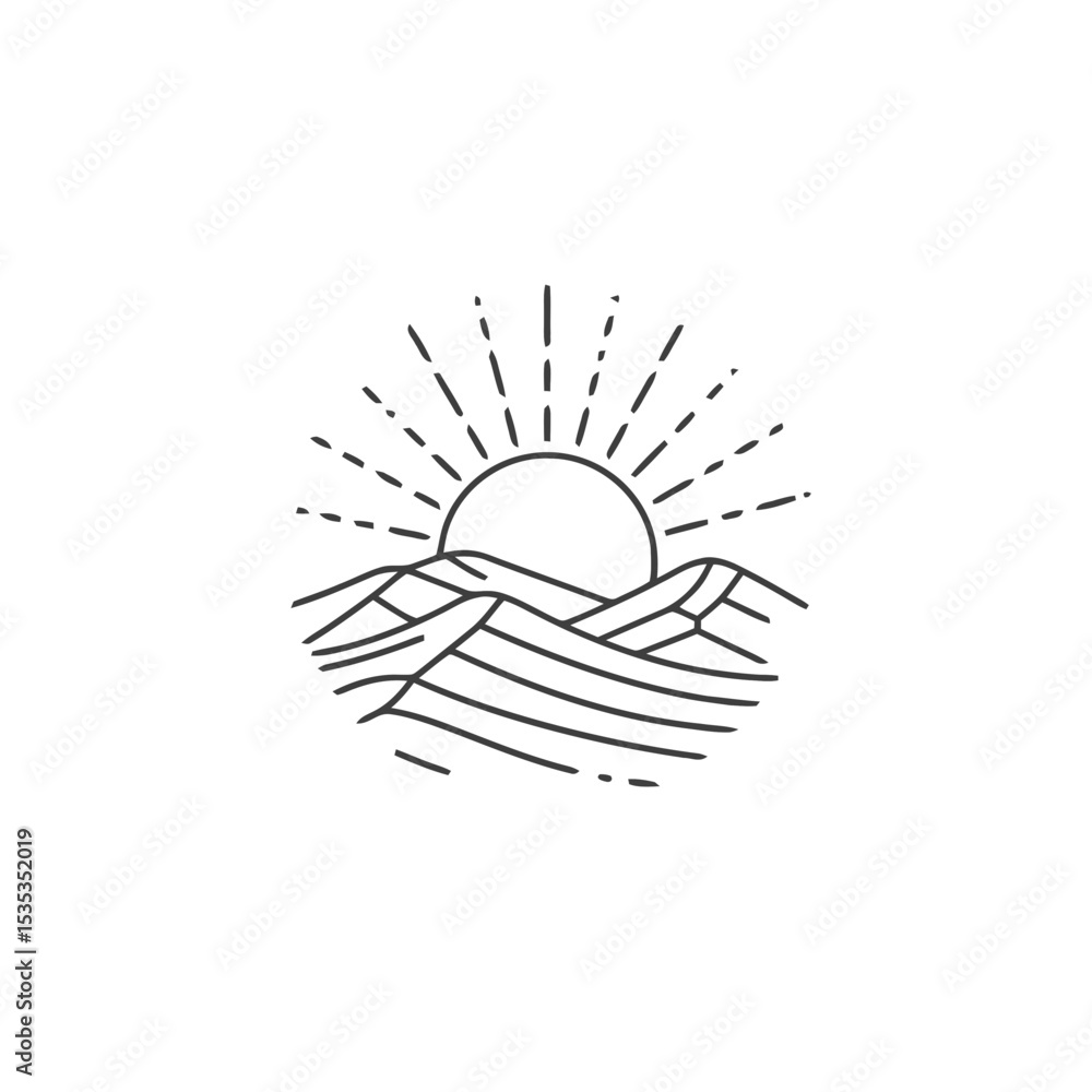 Minimalist line art sun rising over hills with rays in black Minimalist line art sun rising over hills with rays in black