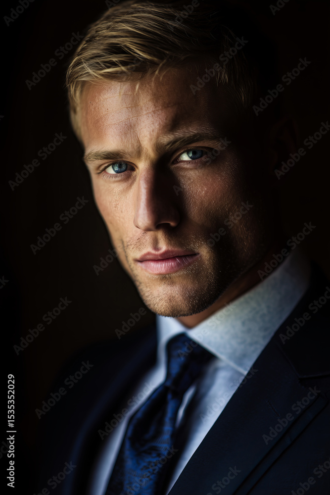 Handsome blond man in a suit bathed in cinematic light
A captivating portrait of a blond man with piercing blue eyes, dressed in an elegant navy suit and tie, standing against a dark background. Handsome blond man in a suit bathed in cinematic light
A captivating portrait of a blond man with piercing blue eyes, dressed in an elegant navy suit and tie, standing against a dark background.