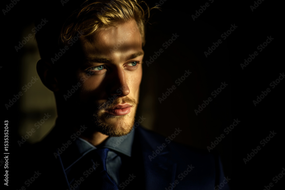 Fototapeta premium Handsome blond man in a suit bathed in cinematic light A captivating portrait of a blond man with piercing blue eyes, dressed in an elegant navy suit and tie, standing against a dark background. 