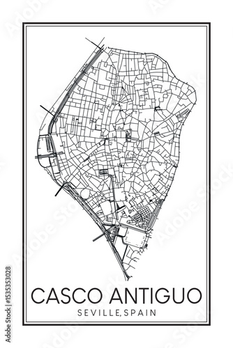 Hand drawn printable downtown road map poster of district CASCO ANTIGUO of the Spanish city of SEVILLE on solid white background with city name
