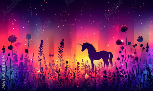 A dark unicorn stands in a field of colorful flowers beneath a starry, vibrant, multicolored, luminous sky