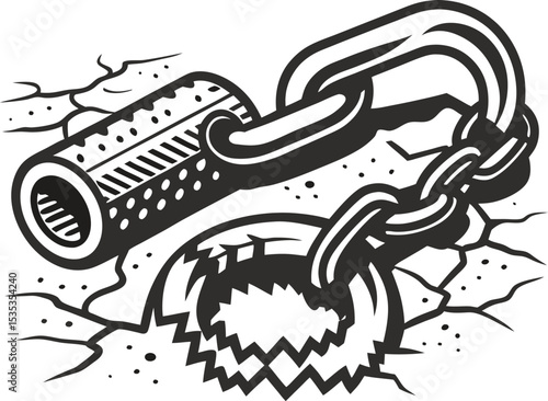 Broken chain escaping from steel bear trap on cracked ground freedom, danger, escape, liberty, risk, crisis illustration