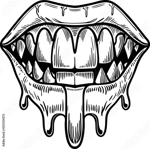 Dripping vampire mouth illustration with sharp fangs, melting lips, and bold black outline spooky horror fantasy art