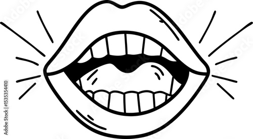Open mouth illustration with lips, teeth, and tongue black and white outline drawing, expressive shouting or singing concept