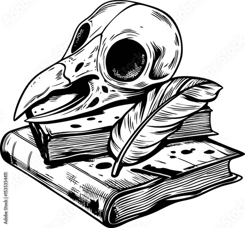Bird skull with feather and vintage books gothic hand drawn illustration, natural history study, academia, curiosity cabinet