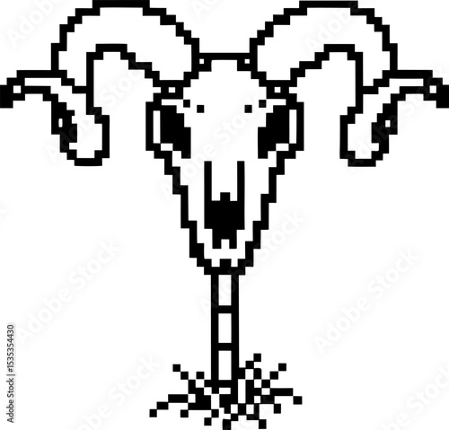 Pixel art ram skull with curled horns on stick, isolated on white retro digital illustration, gothic macabre symbol