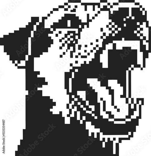 Aggressive pixel art dog barking with open mouth, teeth bared retro black and white style, fierce canine warning