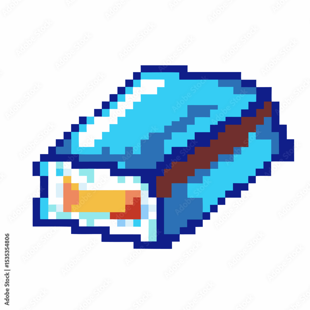pixel art chocolate bar with blue wrapper and caramel filling retro game style, isolated icon for candy or dessert design pixel art chocolate bar with blue wrapper and caramel filling retro game style, isolated icon for candy or dessert design