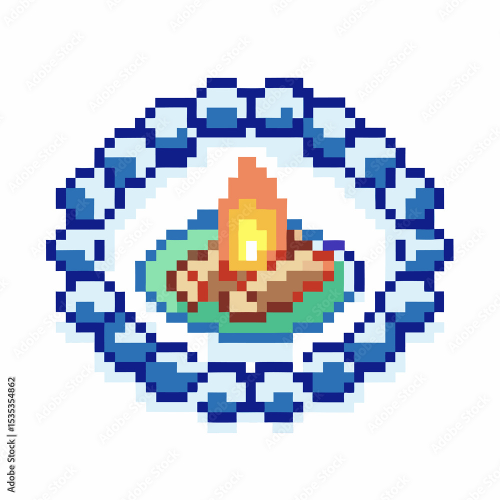 Obraz premium Pixel art campfire with glowing flame and wooden logs retro digital surrounded by blue ornamental pattern