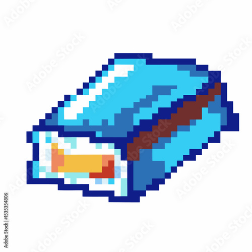 pixel art chocolate bar with blue wrapper and caramel filling retro game style, isolated icon for candy or dessert design