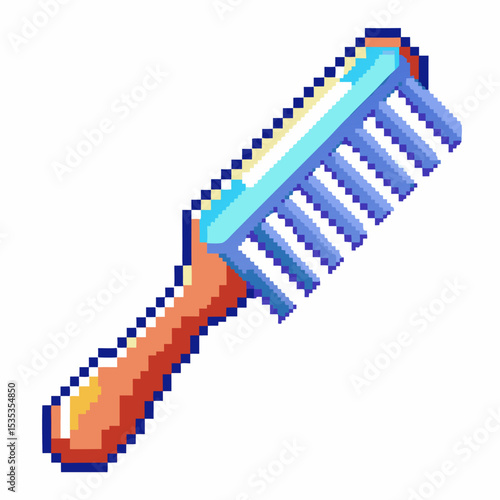 Pixel art comb with brown handle and blue bristles, retro grooming tool, isolated on white, pixelated illustration