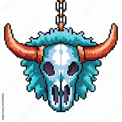 Pixel art buffalo skull with horns and blue feathers hanging from chain tribal totem, retro video game icon