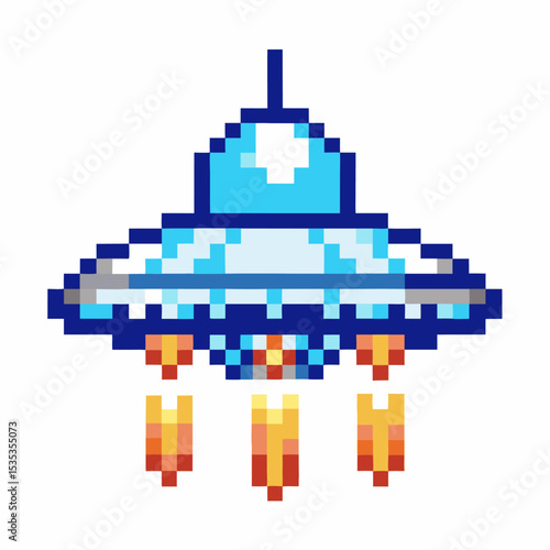Pixel art flying ufo spaceship with blue glowing lights and fiery thrusters retro arcade alien invasion theme