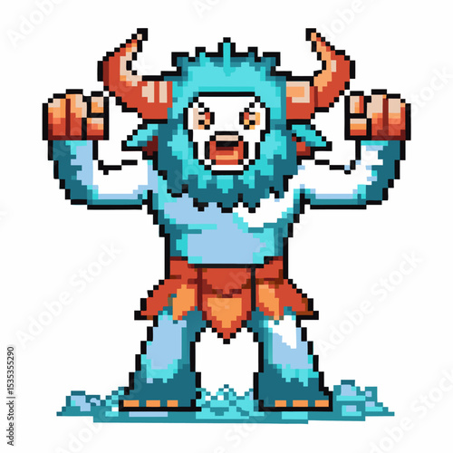 Pixel art blue yeti monster with horns, raised arms, icy ground, orange shorts, retro fantasy creature