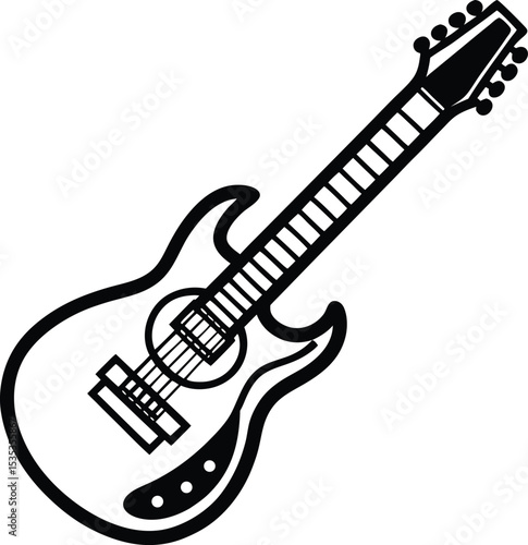 Vector outline of a pair of hands playing a chord on the fretboard of an acoustic guitar. A close-up view showing fingers pressing down on the strings. Clean, minimalist lines, music concept, black
