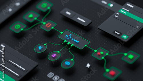 AI workflow automation artificial intelligence software interface nodes triggers data tool dashboard coding icon flow process technology 3d rendering.