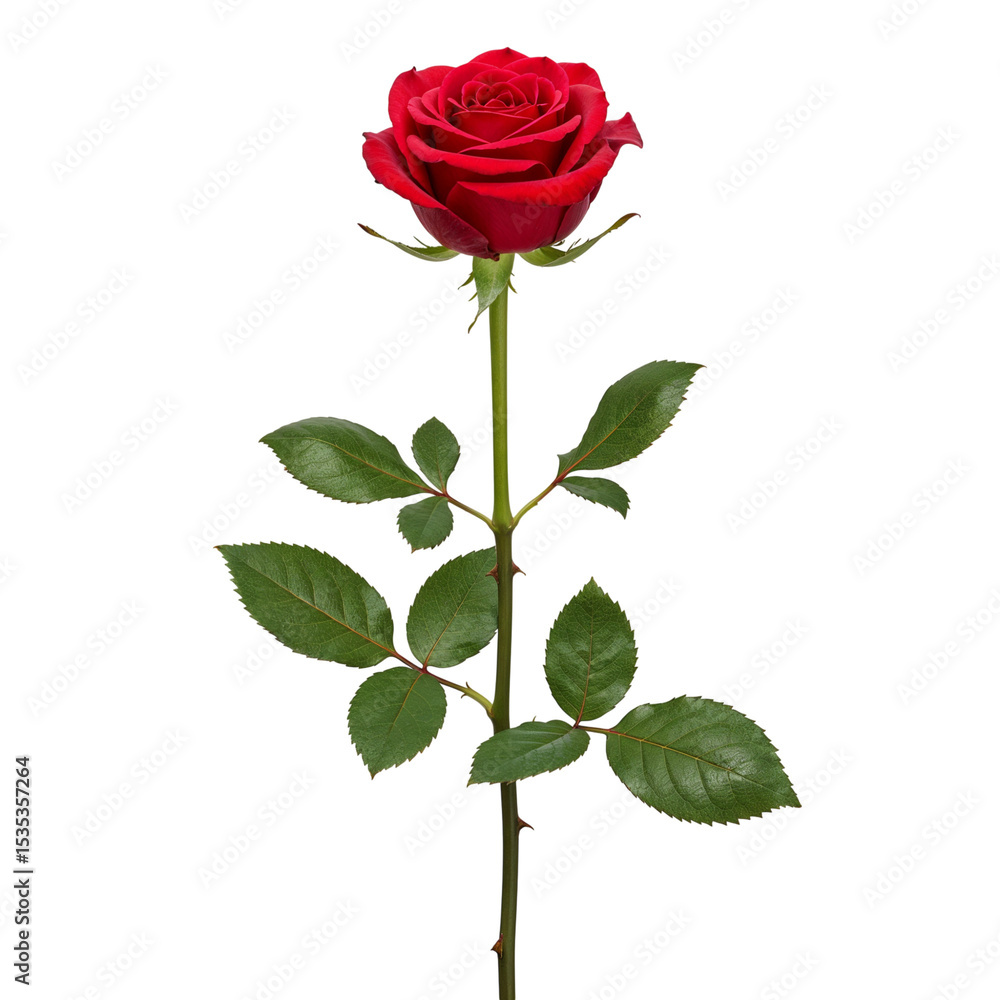 Fototapeta premium Single red rose stem isolated on transparent background
