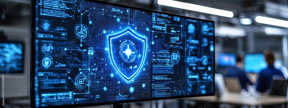 Fototapeta premium Digital screen with glowing shield icon and network nodes, corporate cybersecurity interface in meeting room