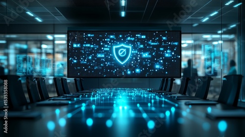 Wallpaper Mural Digital screen with glowing shield icon and network nodes, corporate cybersecurity interface in meeting room Torontodigital.ca