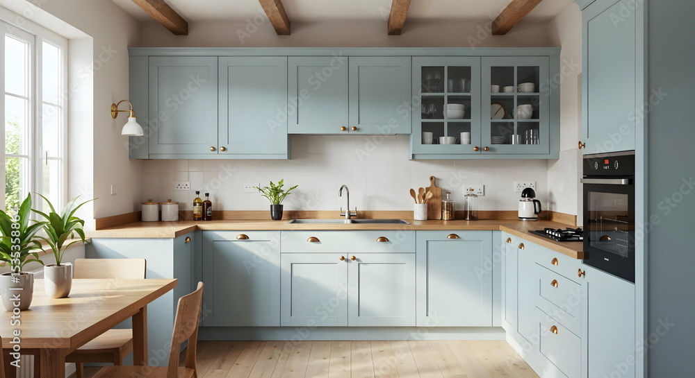 Fototapeta premium Interior of a modern kitchen in Provence style with beautiful furniture in sunlight.