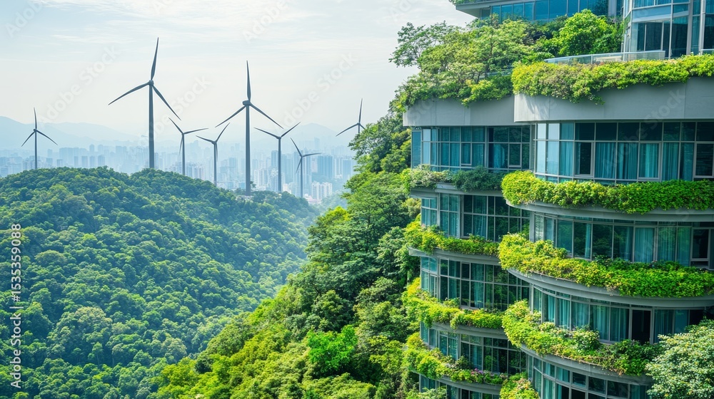 Fototapeta premium Green office building with vegetated rooftop beside hillside wind farm, sustainable architecture concept