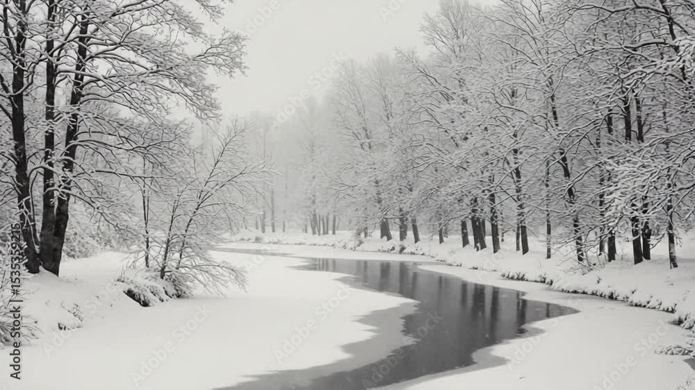 Serene winter landscape with snow-covered trees and river Serene winter landscape with snow-covered trees and river