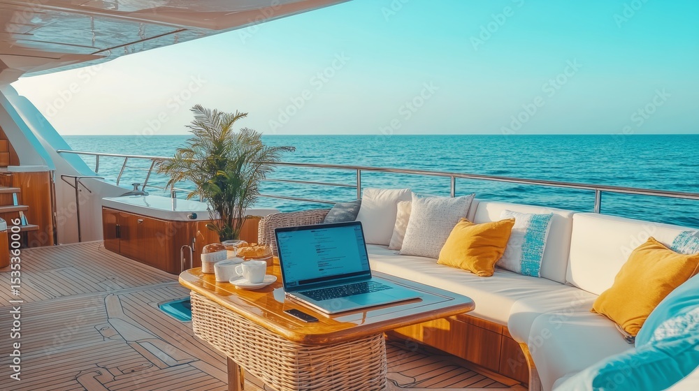 Fototapeta premium Remote business meeting setup on modern yacht deck, laptop and coffee, ocean view, bright daylight