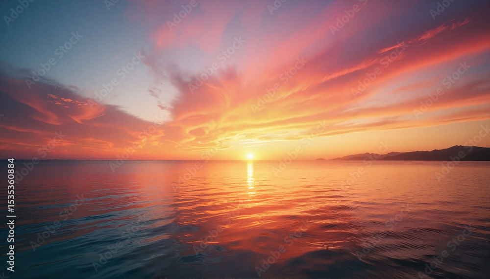 Obraz premium Vibrant sunset over calm ocean waters with dramatic clouds