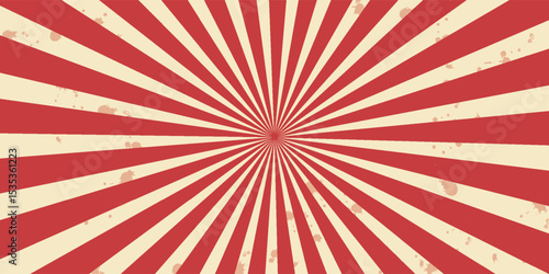 Circus background and spiral retro rays vector pattern. Vintage poster of red white sun or star burst radial lines with grunge texture, circus, carnival, summer fair or chapiteau backdrop