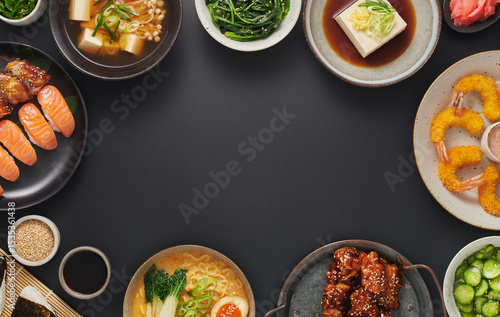Japanese food background, a set of assorted dishes top view flat lay