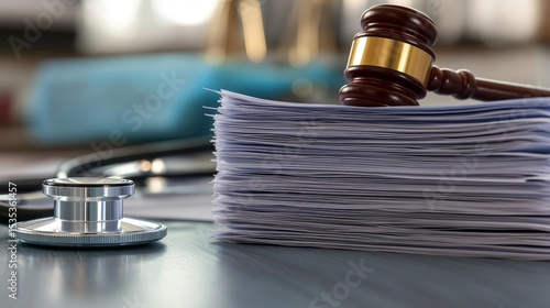 Stack of medical claim documents on legal office desk, gavel and stethoscope nearby, healthcare claims processing