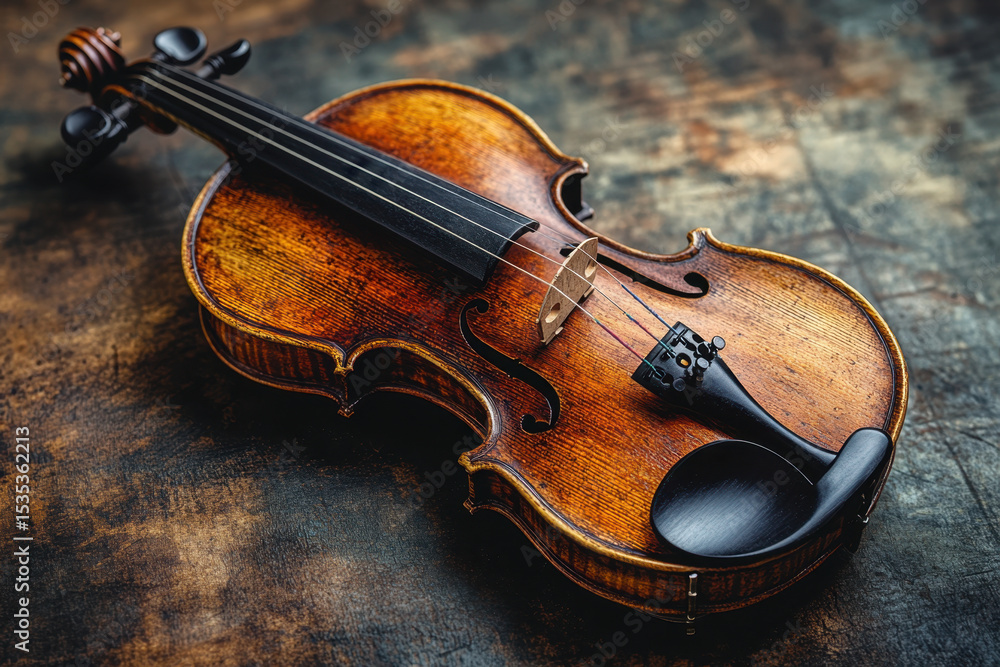 Fototapeta premium Violin resting on wood surface.