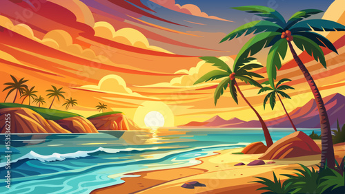 Tourism view of palm trees with waves at sunset. Beautiful bright sunset rays on a tropical paradise beach, dream magical picturesque shore romantic sea sky sand. Amazing summer vacation