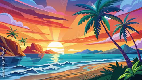 Tourism view of palm trees with waves at sunset. Beautiful bright sunset rays on a tropical paradise beach, dream magical picturesque shore romantic sea sky sand. Amazing summer vacation