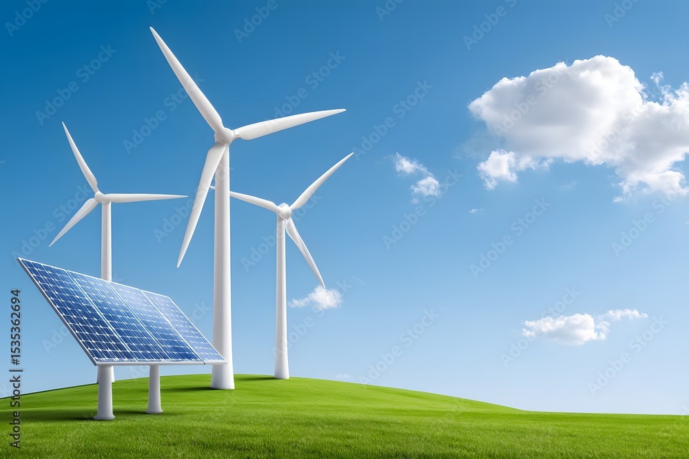 Obraz premium Energy panels and windmills with blue sky. Green power concept