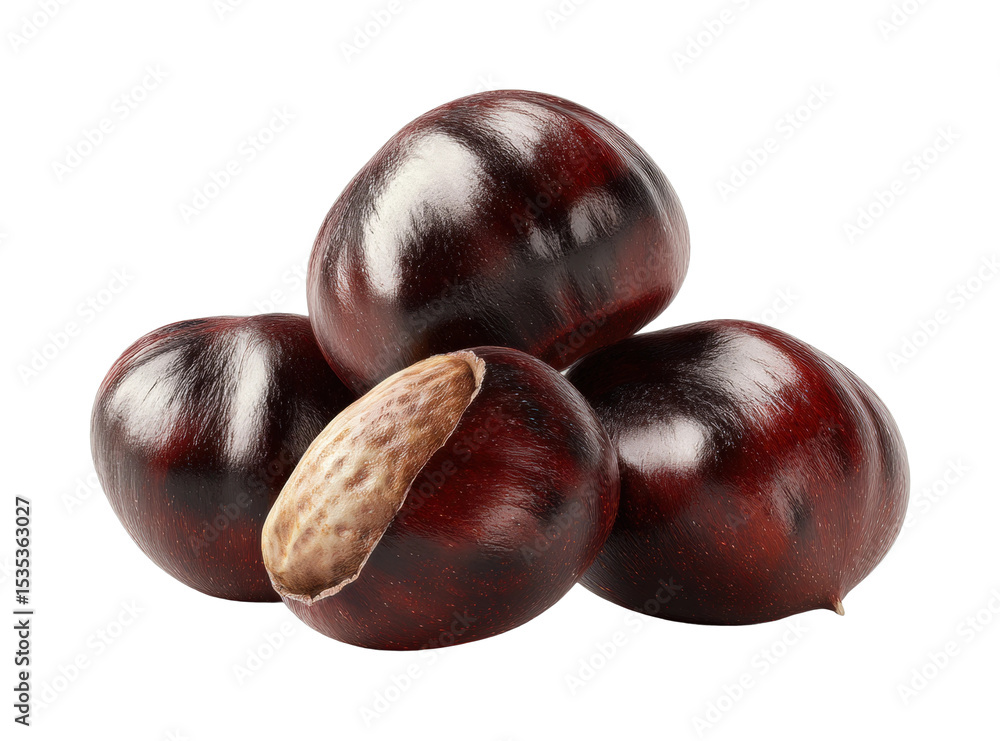 Obraz premium Close-up of shiny whole and split chestnuts isolated on white background